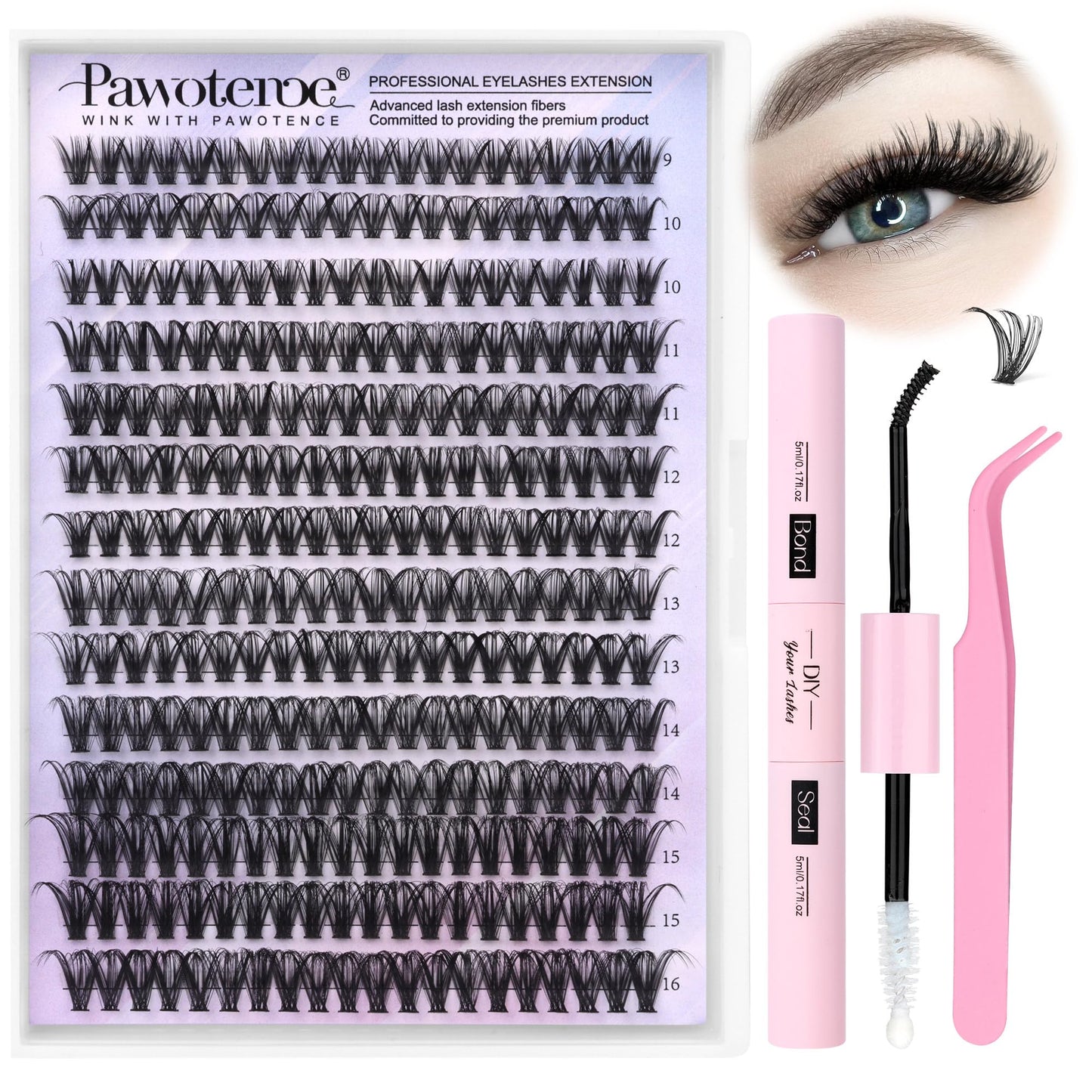 Pawotence Lash Extension Kit DIY 280pcs Lash Clusters Eyelash Extension Kit, 9-16mm 30D 40D Individual Lashes Kit with Lash Bond and Seal, Lash Tweezers for Self Use (30D&40D, 0.07D, 9-16mm, Kit)