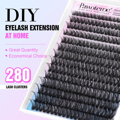 Pawotence Lash Extension Kit DIY 280pcs Lash Clusters Eyelash Extension Kit, 9-16mm 30D 40D Individual Lashes Kit with Lash Bond and Seal, Lash Tweezers for Self Use (30D&40D, 0.07D, 9-16mm, Kit)