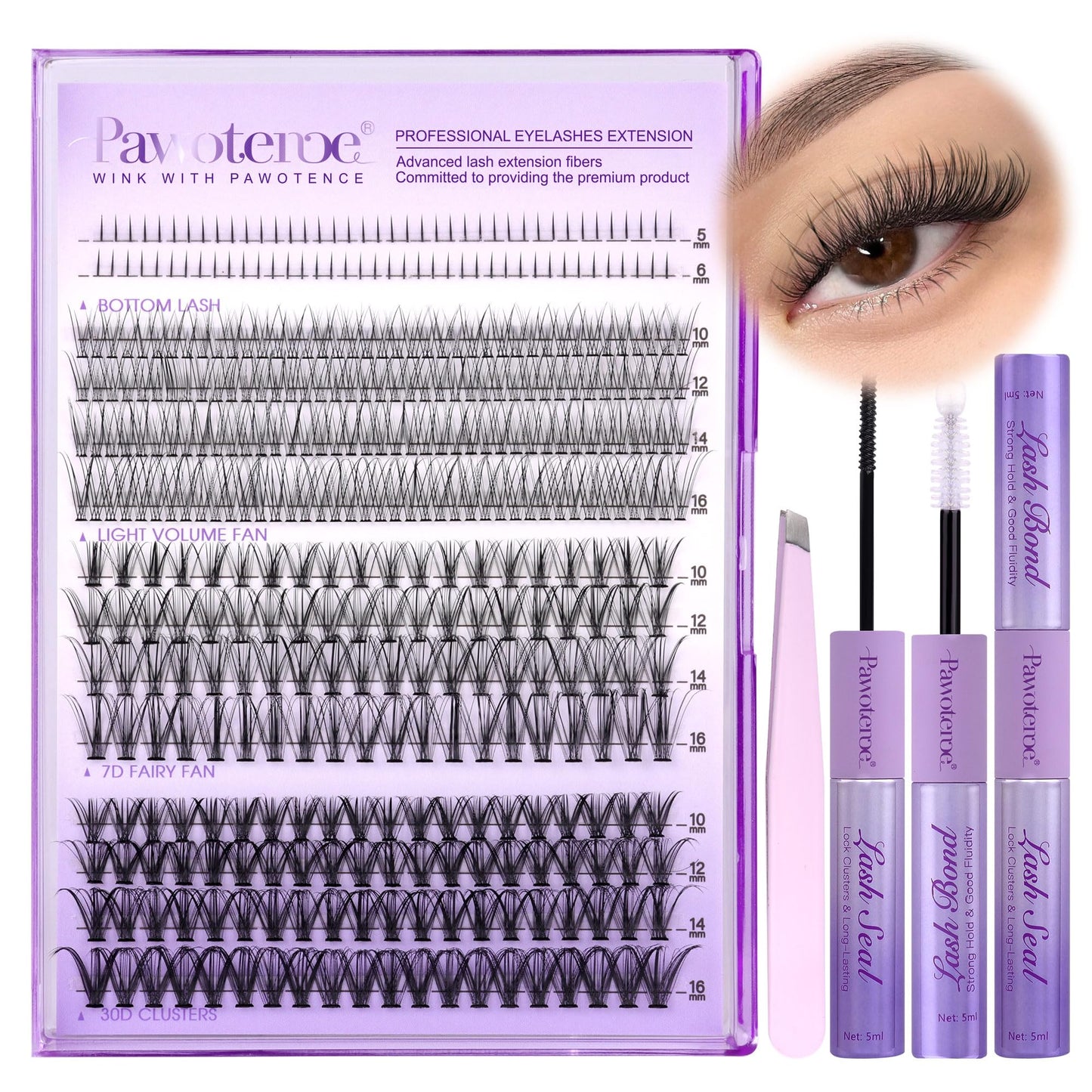Pawotence Lash Extension Kit DIY 280pcs Lash Clusters Eyelash Extension Kit, 9-16mm 30D 40D Individual Lashes Kit with Lash Bond and Seal, Lash Tweezers for Self Use (30D&40D, 0.07D, 9-16mm, Kit)
