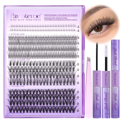 Pawotence Lash Extension Kit DIY 280pcs Lash Clusters Eyelash Extension Kit, 9-16mm 30D 40D Individual Lashes Kit with Lash Bond and Seal, Lash Tweezers for Self Use (30D&40D, 0.07D, 9-16mm, Kit)