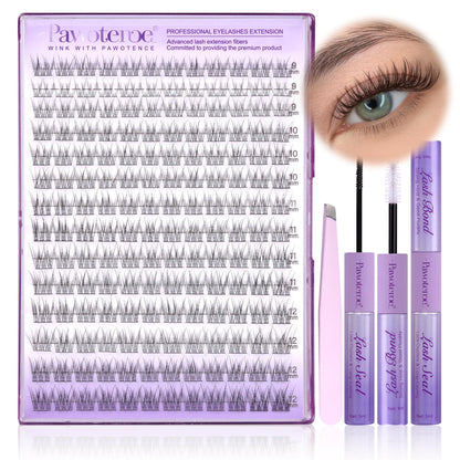 Pawotence Lash Extension Kit DIY 280pcs Lash Clusters Eyelash Extension Kit, 9-16mm 30D 40D Individual Lashes Kit with Lash Bond and Seal, Lash Tweezers for Self Use (30D&40D, 0.07D, 9-16mm, Kit)