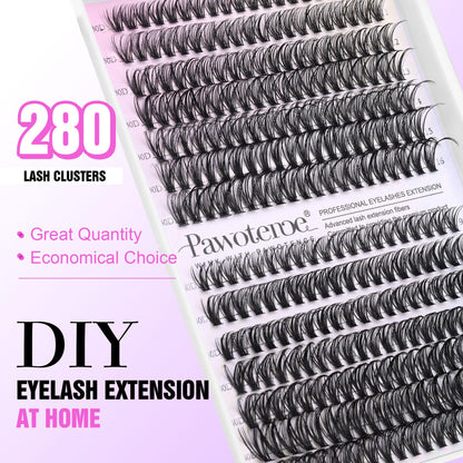 Pawotence Lash Extension Kit DIY 280pcs Lash Clusters Eyelash Extension Kit, 9-16mm 30D 40D Individual Lashes Kit with Lash Bond and Seal, Lash Tweezers for Self Use (30D&40D, 0.07D, 9-16mm, Kit)