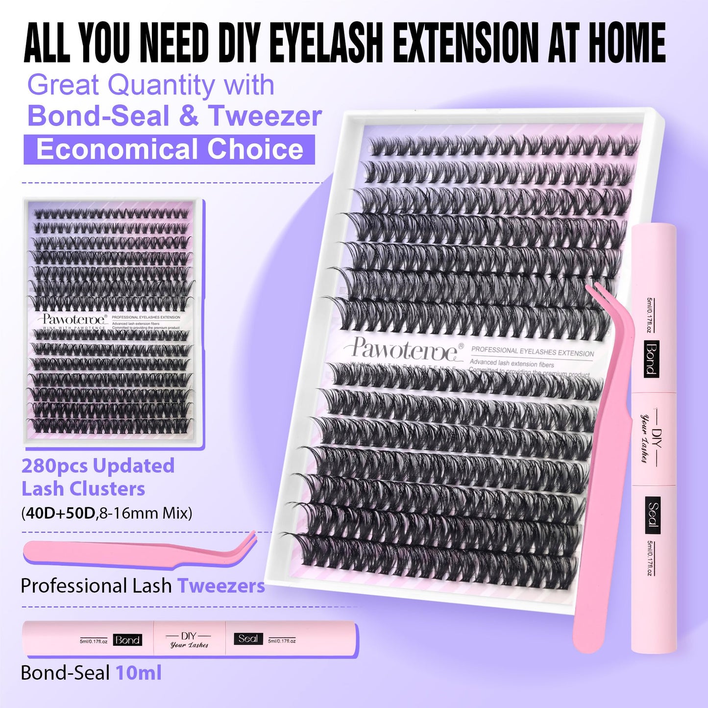 Pawotence Lash Extension Kit DIY 280pcs Lash Clusters Eyelash Extension Kit, 9-16mm 30D 40D Individual Lashes Kit with Lash Bond and Seal, Lash Tweezers for Self Use (30D&40D, 0.07D, 9-16mm, Kit)