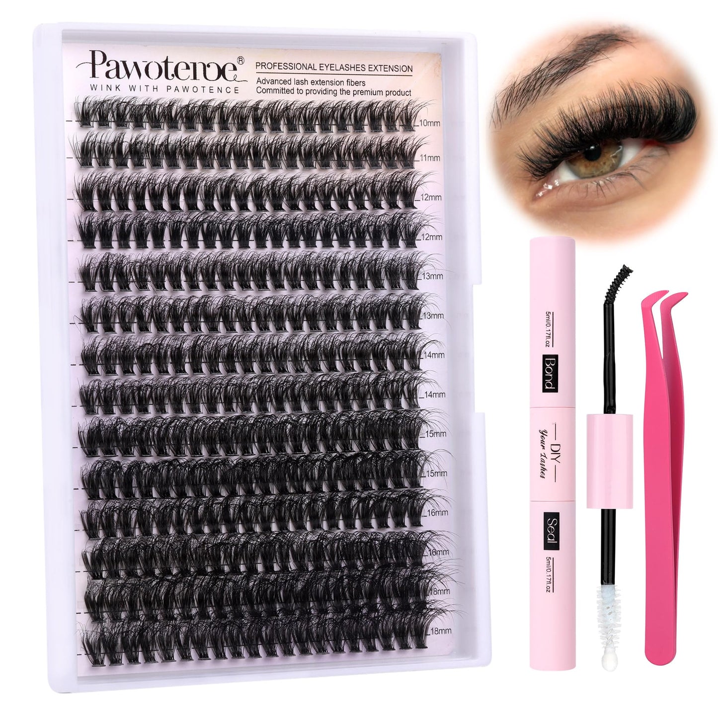 Pawotence Lash Extension Kit DIY 280pcs Lash Clusters Eyelash Extension Kit, 9-16mm 30D 40D Individual Lashes Kit with Lash Bond and Seal, Lash Tweezers for Self Use (30D&40D, 0.07D, 9-16mm, Kit)
