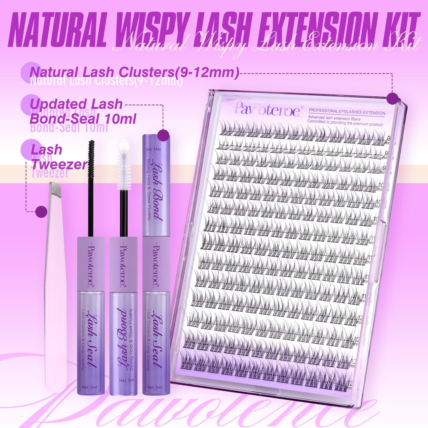 Pawotence Lash Extension Kit DIY 280pcs Lash Clusters Eyelash Extension Kit, 9-16mm 30D 40D Individual Lashes Kit with Lash Bond and Seal, Lash Tweezers for Self Use (30D&40D, 0.07D, 9-16mm, Kit)
