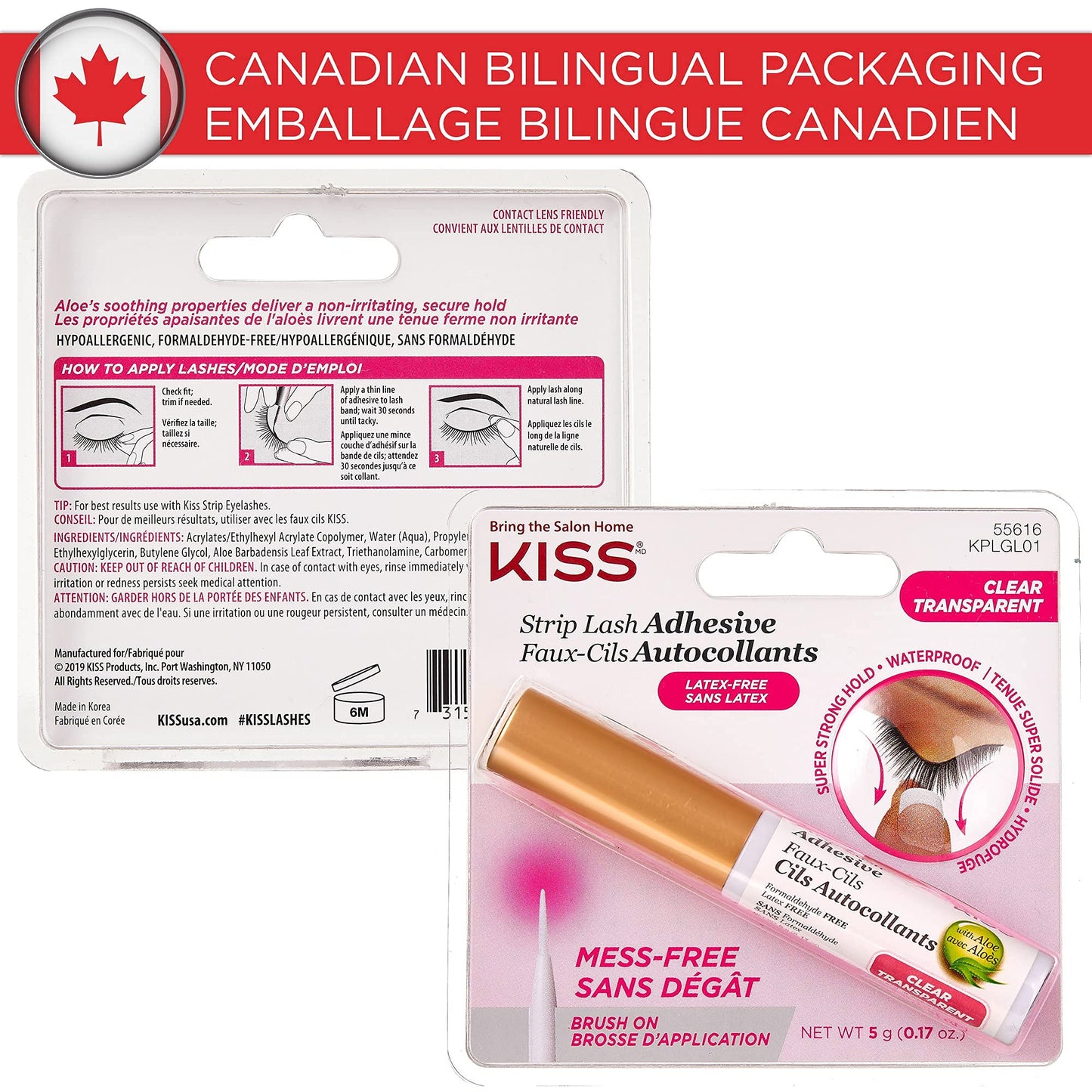 KISS Clear Strip Lash Adhesive With Aloe, Waterproof, Formaldehyde and Latex Free, Odor Free, Cruelty Free, Super Strong Hold Eyelash Glue with Brush Applicator, 0.17 Oz.