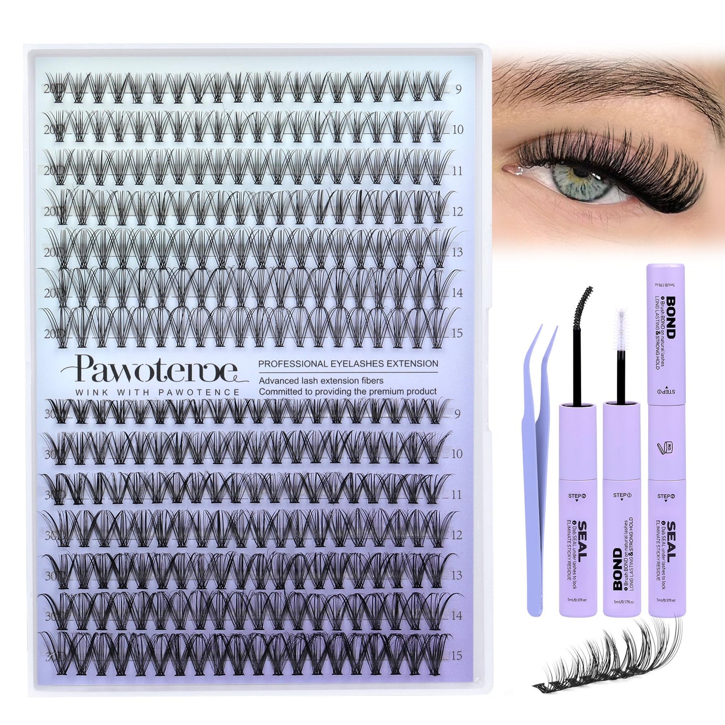 Pawotence Lash Extension Kit DIY 280pcs Lash Clusters Eyelash Extension Kit, 9-16mm 30D 40D Individual Lashes Kit with Lash Bond and Seal, Lash Tweezers for Self Use (30D&40D, 0.07D, 9-16mm, Kit)