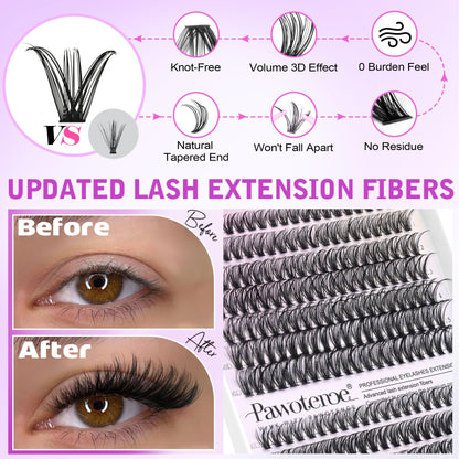 Pawotence Lash Extension Kit DIY 280pcs Lash Clusters Eyelash Extension Kit, 9-16mm 30D 40D Individual Lashes Kit with Lash Bond and Seal, Lash Tweezers for Self Use (30D&40D, 0.07D, 9-16mm, Kit)