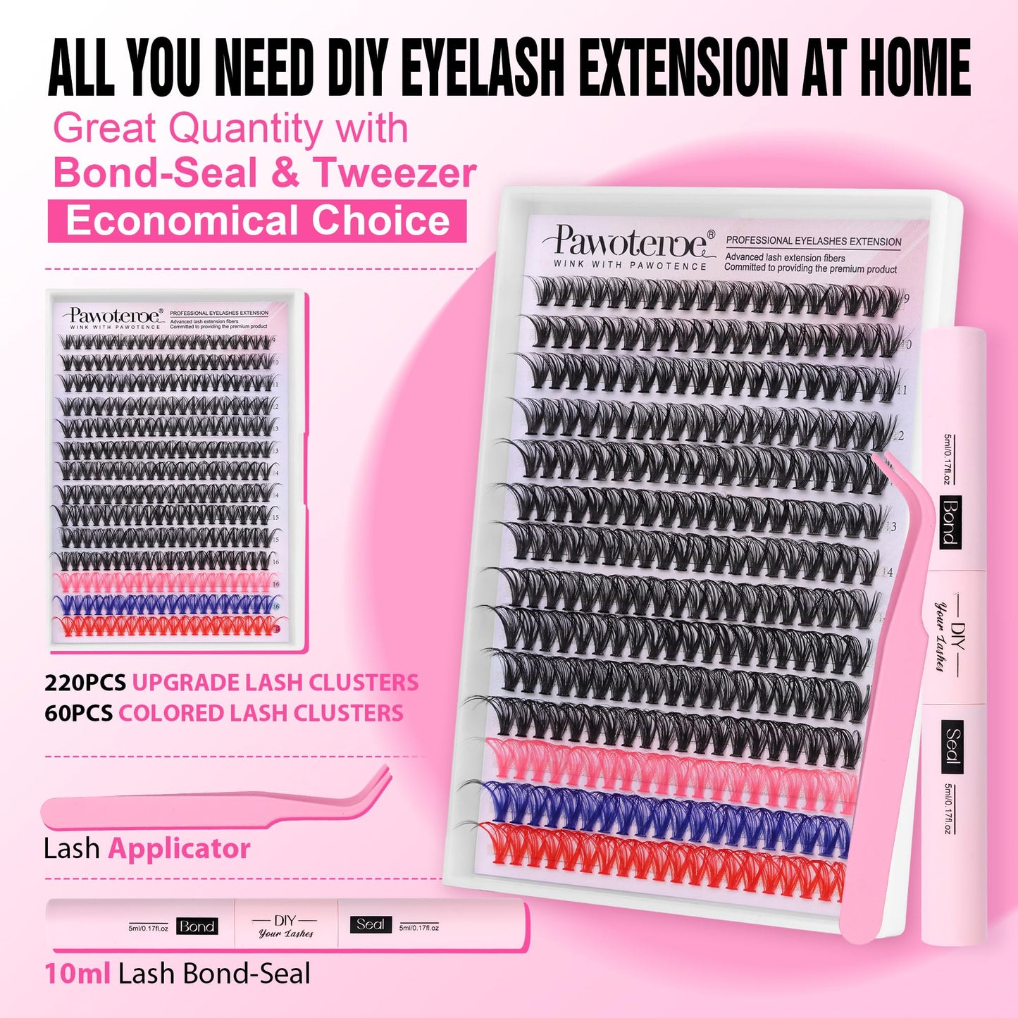 Pawotence Lash Extension Kit DIY 280pcs Lash Clusters Eyelash Extension Kit, 9-16mm 30D 40D Individual Lashes Kit with Lash Bond and Seal, Lash Tweezers for Self Use (30D&40D, 0.07D, 9-16mm, Kit)