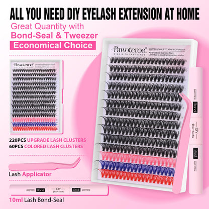Pawotence Lash Extension Kit DIY 280pcs Lash Clusters Eyelash Extension Kit, 9-16mm 30D 40D Individual Lashes Kit with Lash Bond and Seal, Lash Tweezers for Self Use (30D&40D, 0.07D, 9-16mm, Kit)