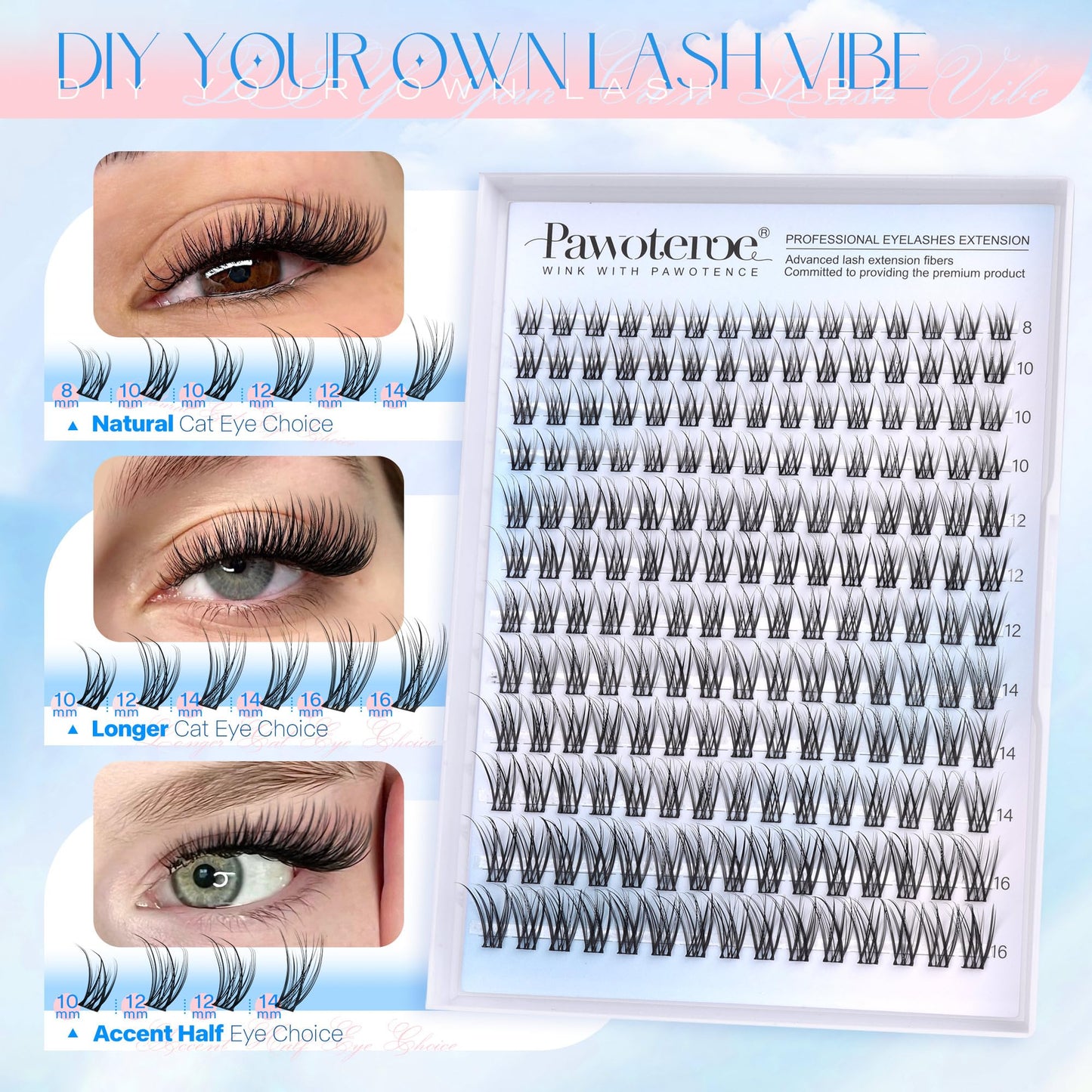 Pawotence Lash Extension Kit DIY 280pcs Lash Clusters Eyelash Extension Kit, 9-16mm 30D 40D Individual Lashes Kit with Lash Bond and Seal, Lash Tweezers for Self Use (30D&40D, 0.07D, 9-16mm, Kit)