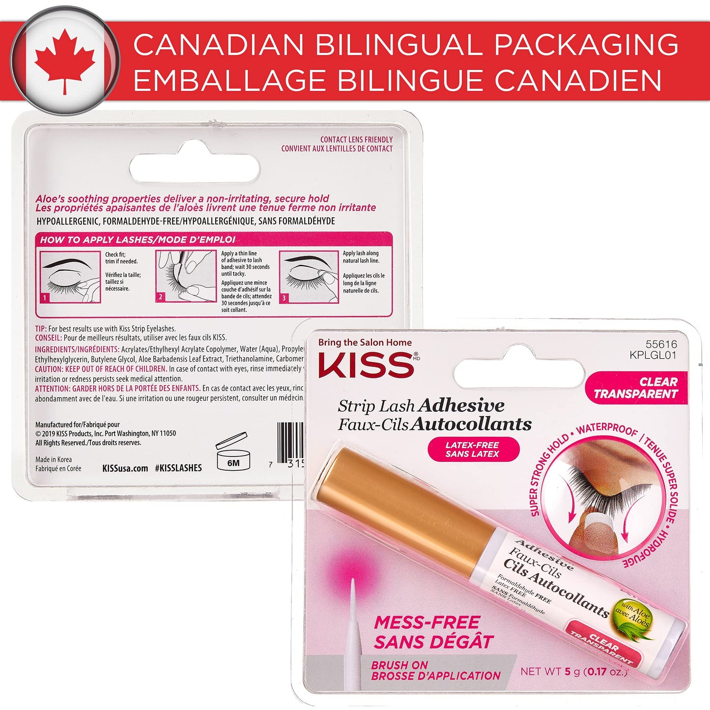 KISS Clear Strip Lash Adhesive With Aloe, Waterproof, Formaldehyde and Latex Free, Odor Free, Cruelty Free, Super Strong Hold Eyelash Glue with Brush Applicator, 0.17 Oz.