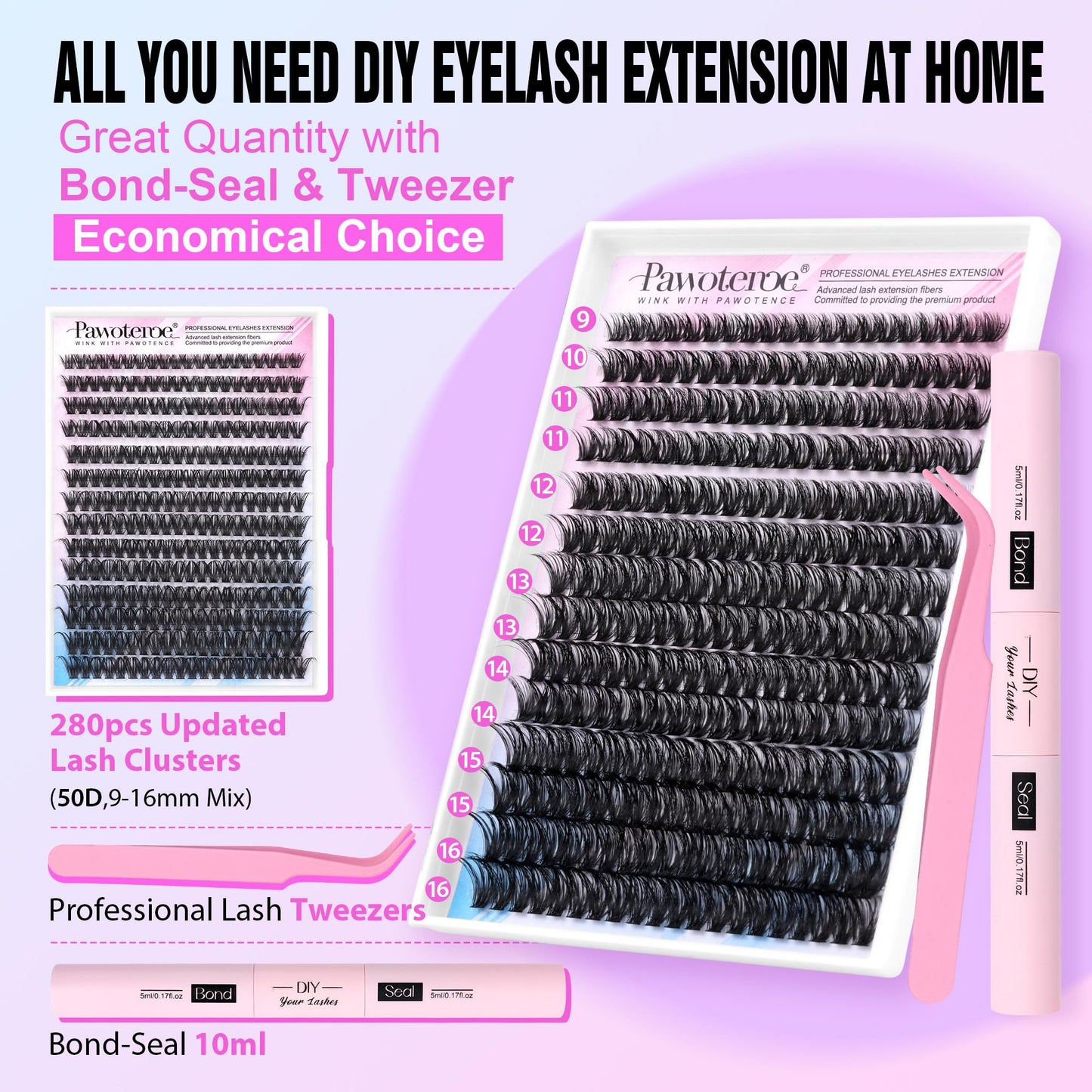 Pawotence Lash Extension Kit DIY 280pcs Lash Clusters Eyelash Extension Kit, 9-16mm 30D 40D Individual Lashes Kit with Lash Bond and Seal, Lash Tweezers for Self Use (30D&40D, 0.07D, 9-16mm, Kit)