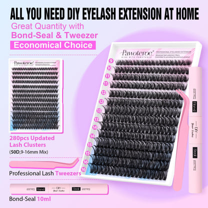 Pawotence Lash Extension Kit DIY 280pcs Lash Clusters Eyelash Extension Kit, 9-16mm 30D 40D Individual Lashes Kit with Lash Bond and Seal, Lash Tweezers for Self Use (30D&40D, 0.07D, 9-16mm, Kit)