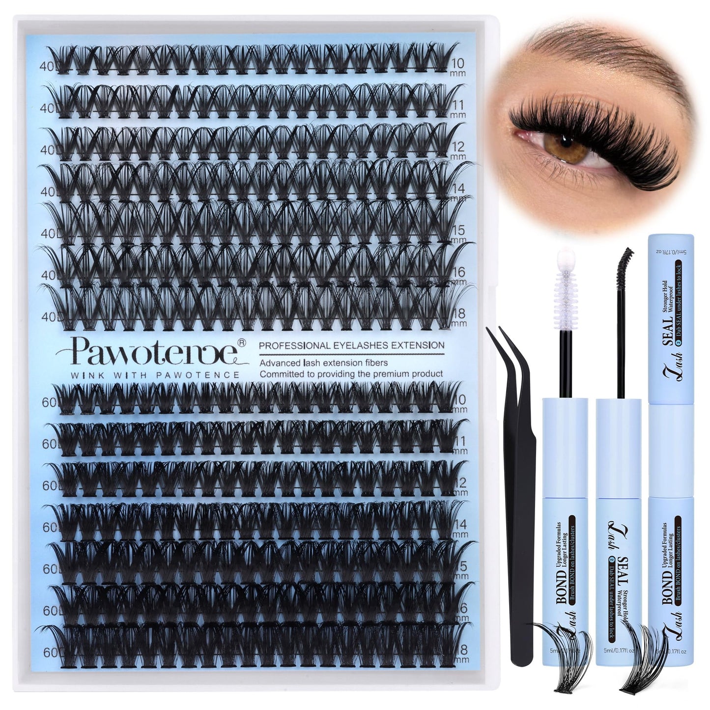 Pawotence Lash Extension Kit DIY 280pcs Lash Clusters Eyelash Extension Kit, 9-16mm 30D 40D Individual Lashes Kit with Lash Bond and Seal, Lash Tweezers for Self Use (30D&40D, 0.07D, 9-16mm, Kit)