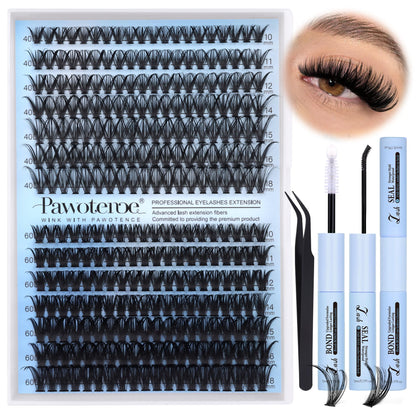 Pawotence Lash Extension Kit DIY 280pcs Lash Clusters Eyelash Extension Kit, 9-16mm 30D 40D Individual Lashes Kit with Lash Bond and Seal, Lash Tweezers for Self Use (30D&40D, 0.07D, 9-16mm, Kit)