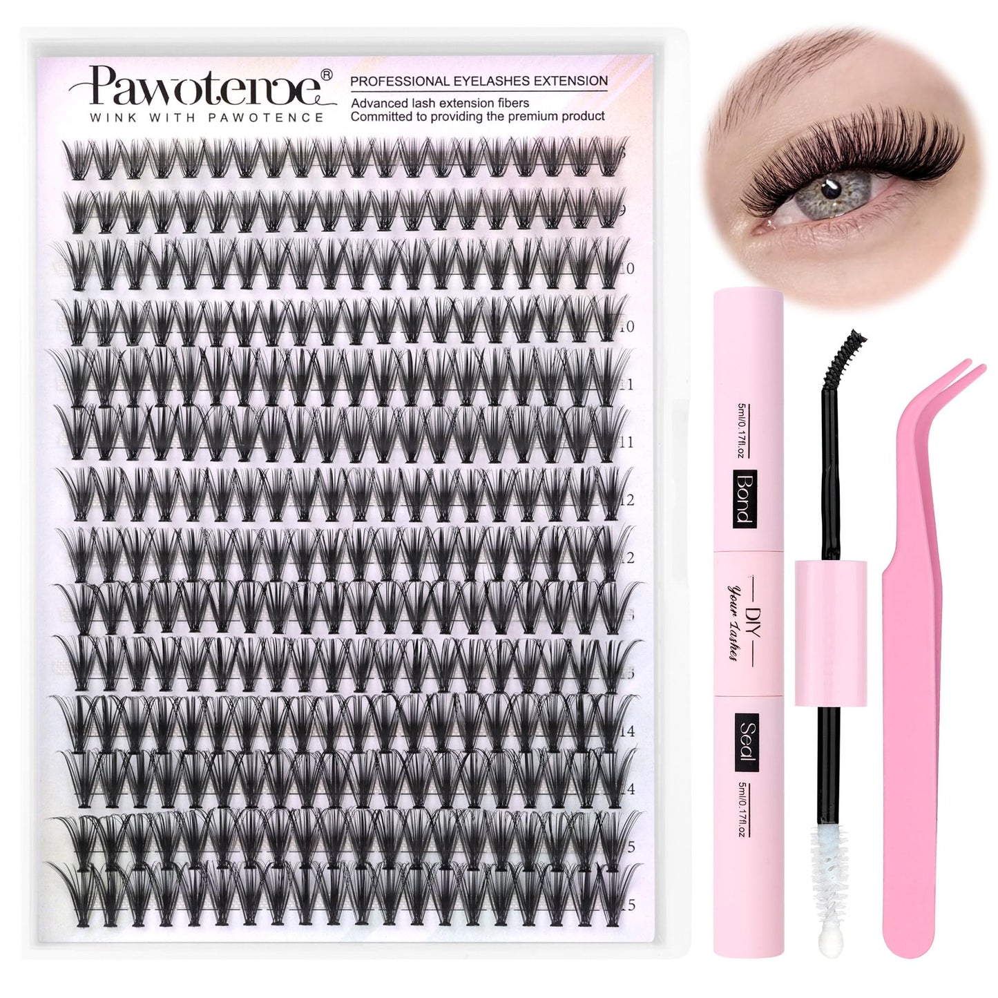 Pawotence Lash Extension Kit DIY 280pcs Lash Clusters Eyelash Extension Kit, 9-16mm 30D 40D Individual Lashes Kit with Lash Bond and Seal, Lash Tweezers for Self Use (30D&40D, 0.07D, 9-16mm, Kit)
