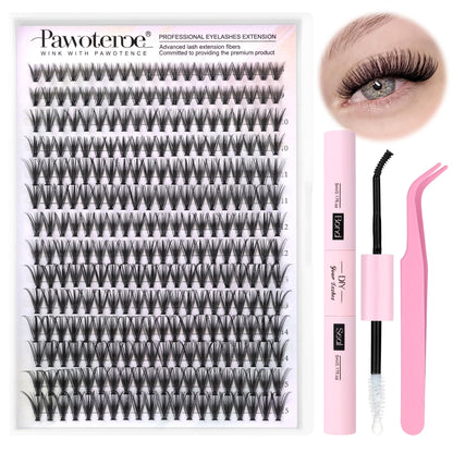 Pawotence Lash Extension Kit DIY 280pcs Lash Clusters Eyelash Extension Kit, 9-16mm 30D 40D Individual Lashes Kit with Lash Bond and Seal, Lash Tweezers for Self Use (30D&40D, 0.07D, 9-16mm, Kit)